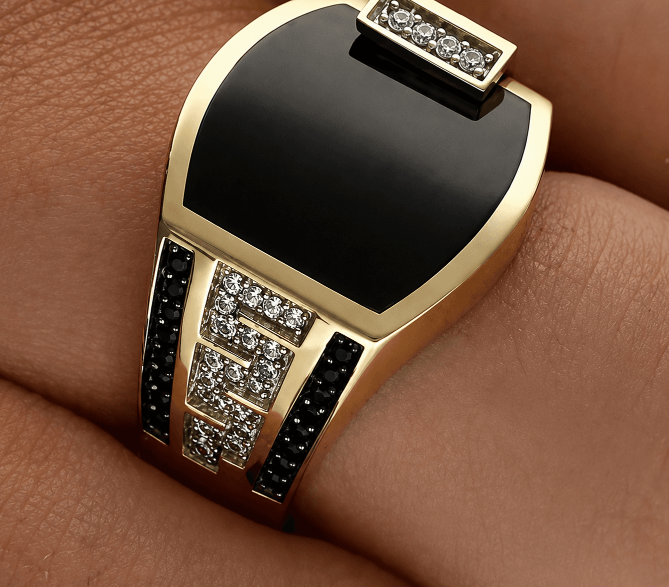 Men's Boastful Black Stone Signet and Wedding Ring (Gold)