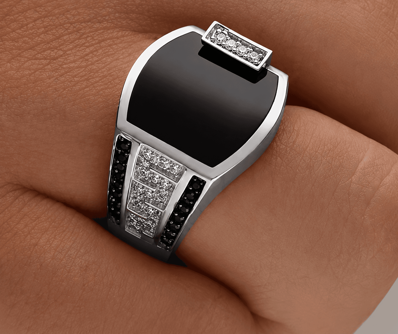 Men's Boastful Black Stone Signet and Wedding Ring (Silver)